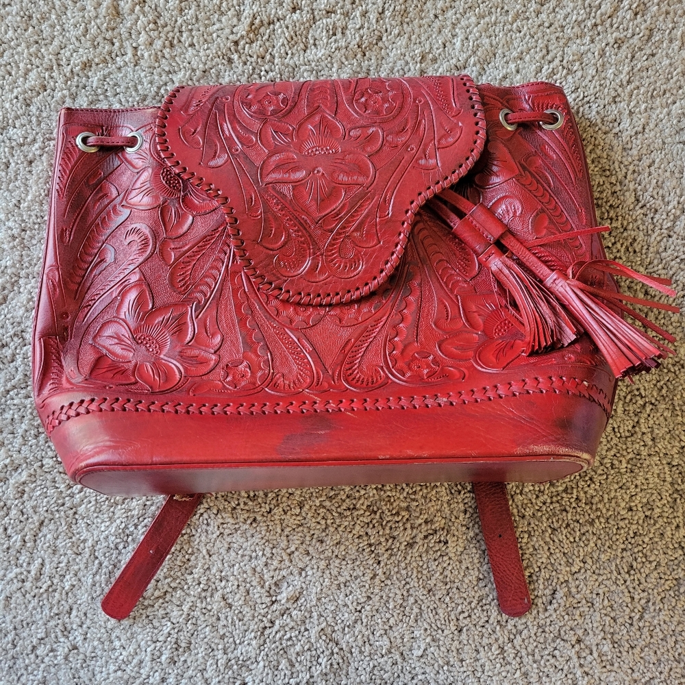 Alejandro Yeo Hand Tooled Red Leather Backpack